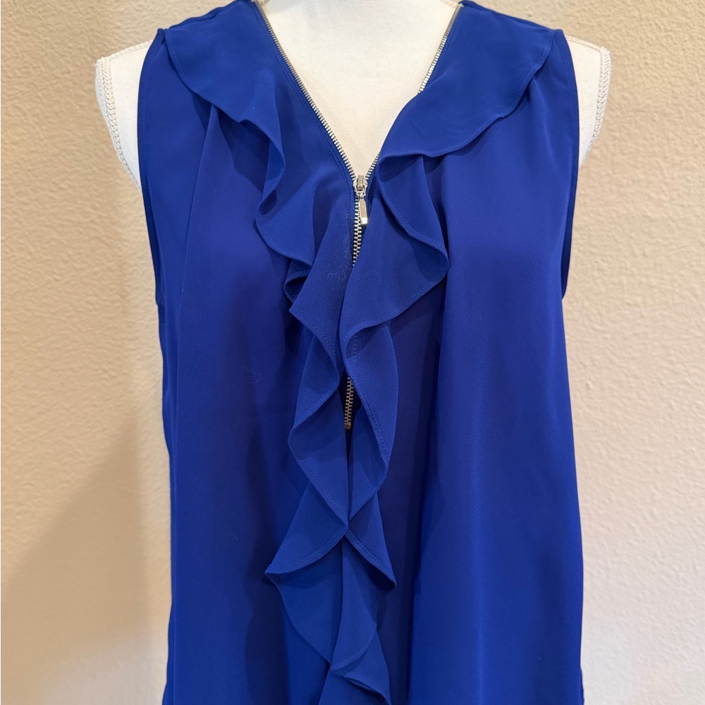 INC International Concepts Royal Blue Ruffle Front Blouse Size L